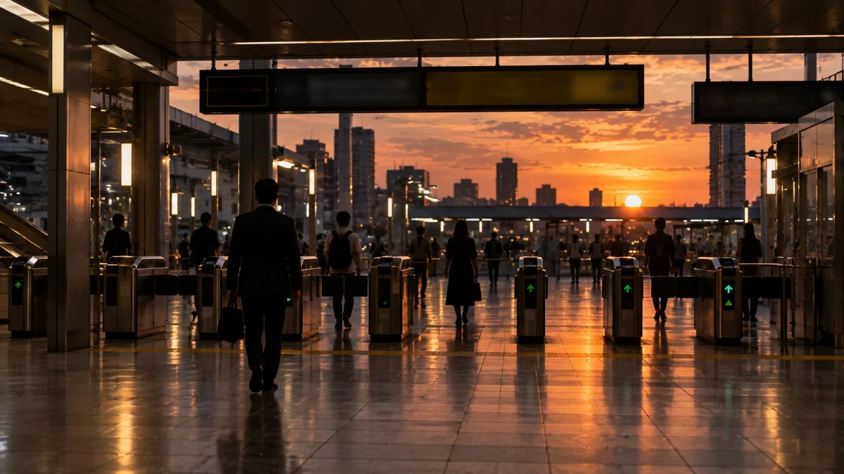 夕暮れの駅の改札付近を引きで見た風景
