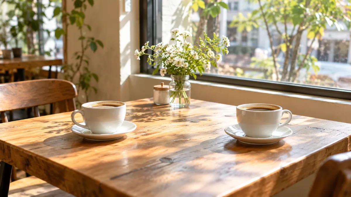 昼のカフェの窓際に向かい合って置かれたコーヒーカップ