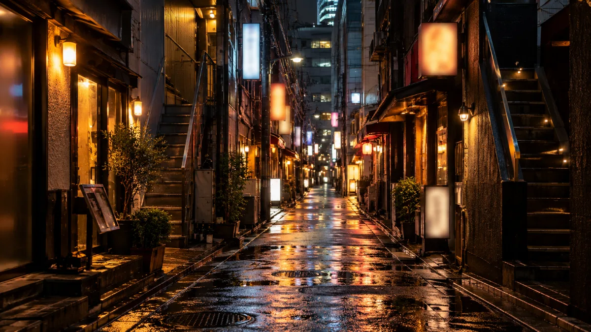 夜の繁華街の細い路地。両側に小さな飲食店の入口と外階段が並ぶ