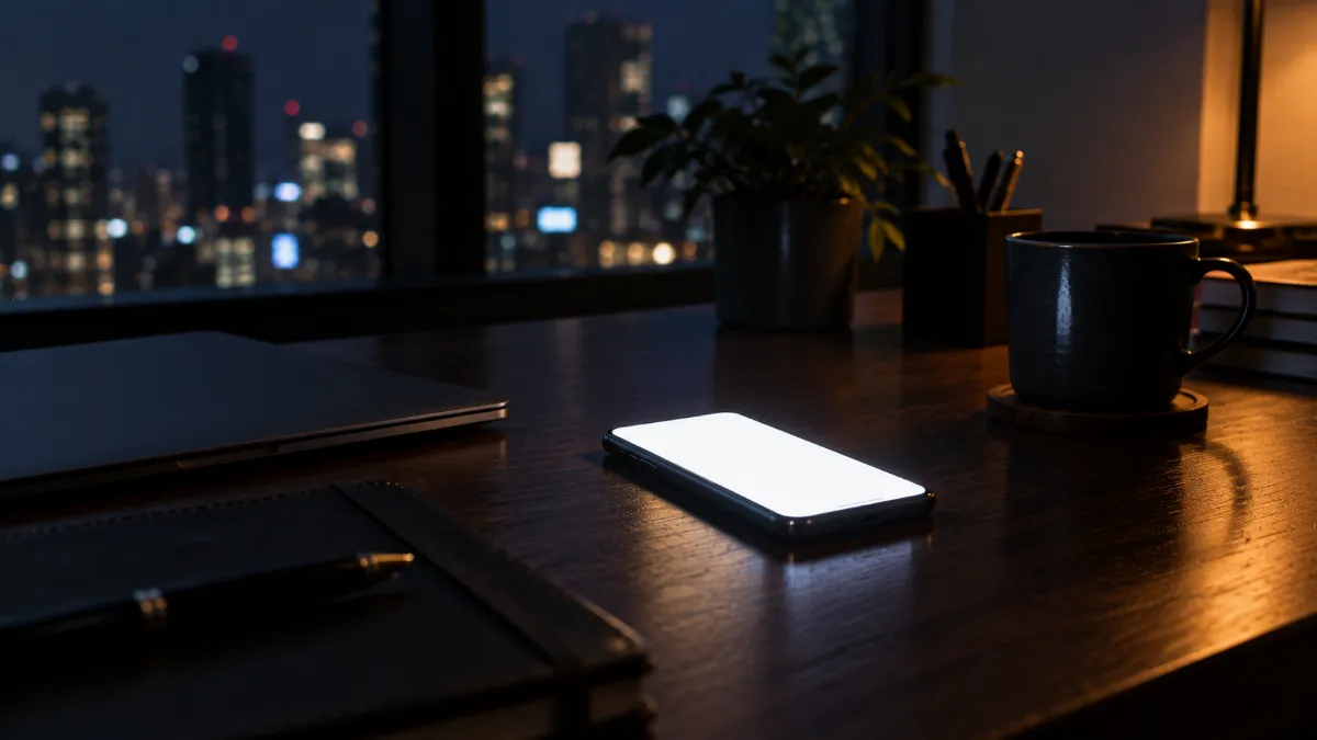 夜のデスクで光るスマートフォン