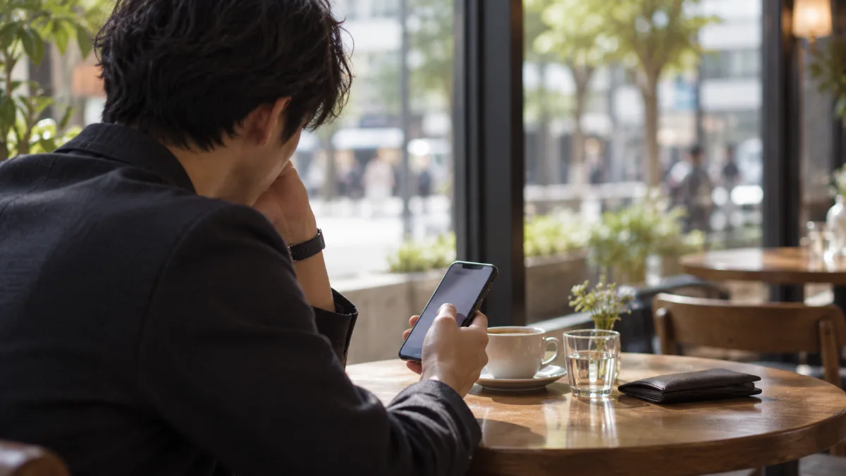 待ち合わせの相手が来ないままカフェでスマートフォンを操作する男性