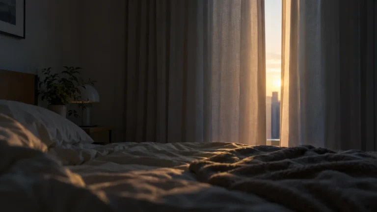 カーテンの隙間から光が一筋だけ差し込む早朝の部屋