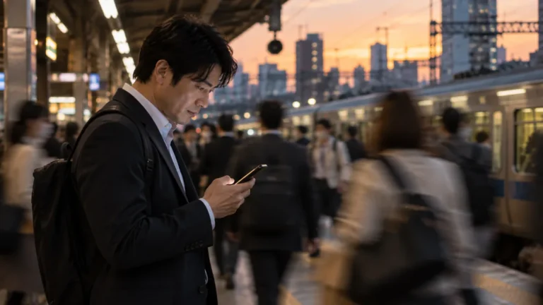 夕方の駅のホームで立ち止まりスマートフォンを見つめる男性