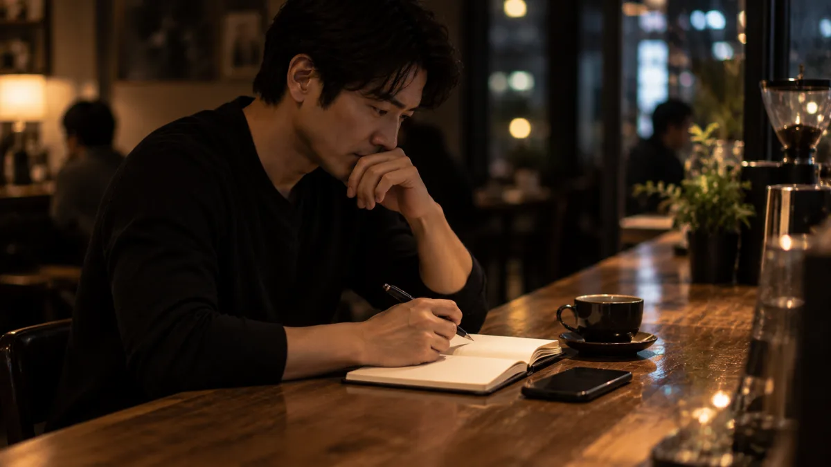 夜のカフェのカウンターで手帳を開いて考え込む男性