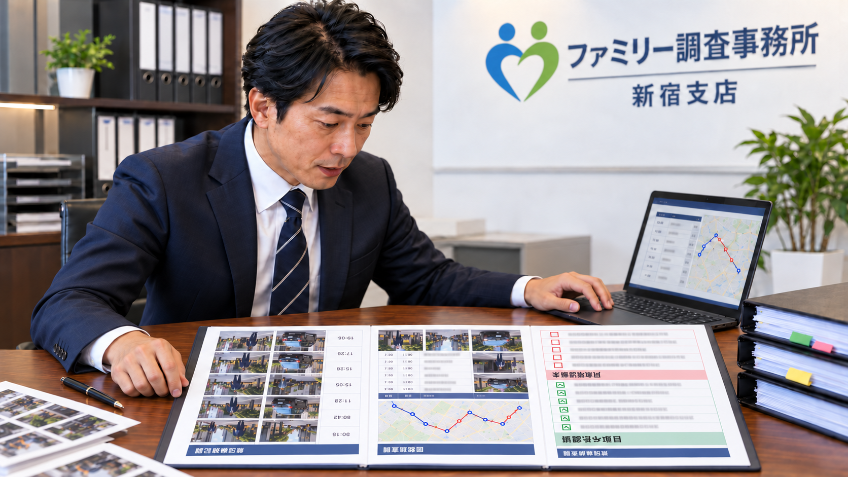 素行調査の報告書で写真・時刻・移動記録と未確認事項を説明する新宿支店の調査員