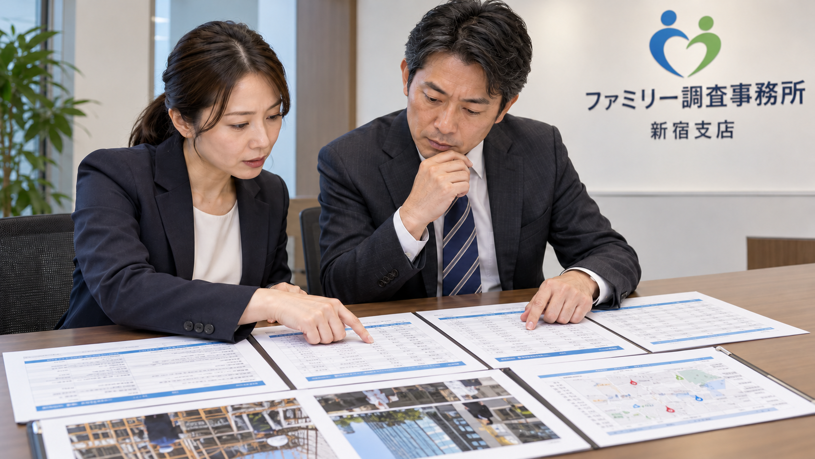 新宿支店の調査員が従業員の勤務申告と取引先訪問記録を企業担当者と照合する場面