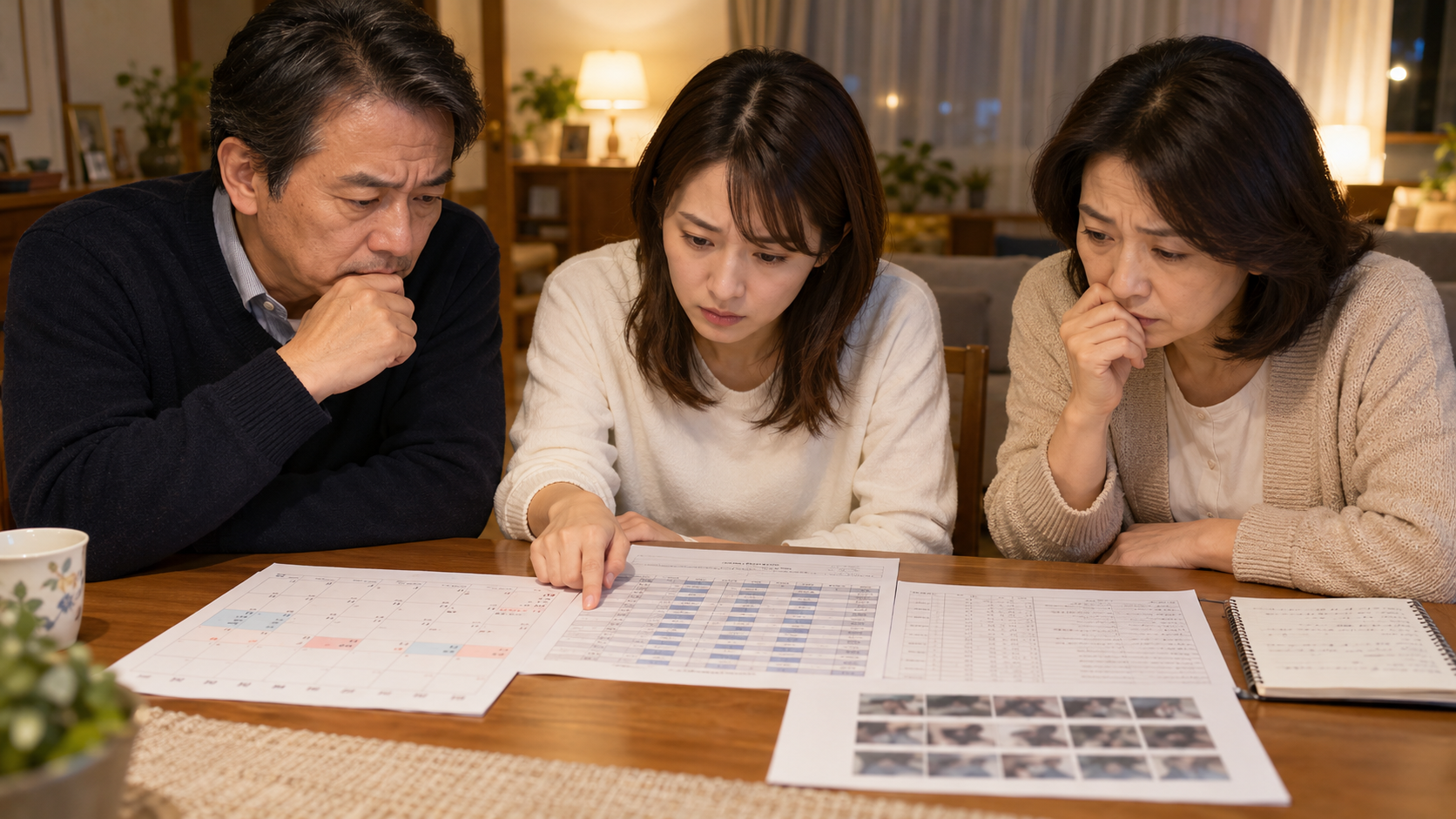 素行調査で生活リズムの変化を確認するため曜日や帰宅時間を整理する家族