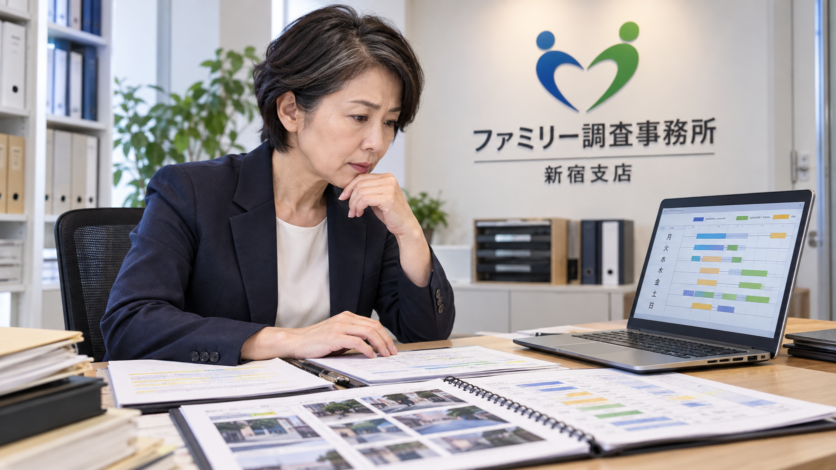 新宿支店の調査員が素行調査による外出理由の食い違いと本人の説明・行動記録を照合する場面