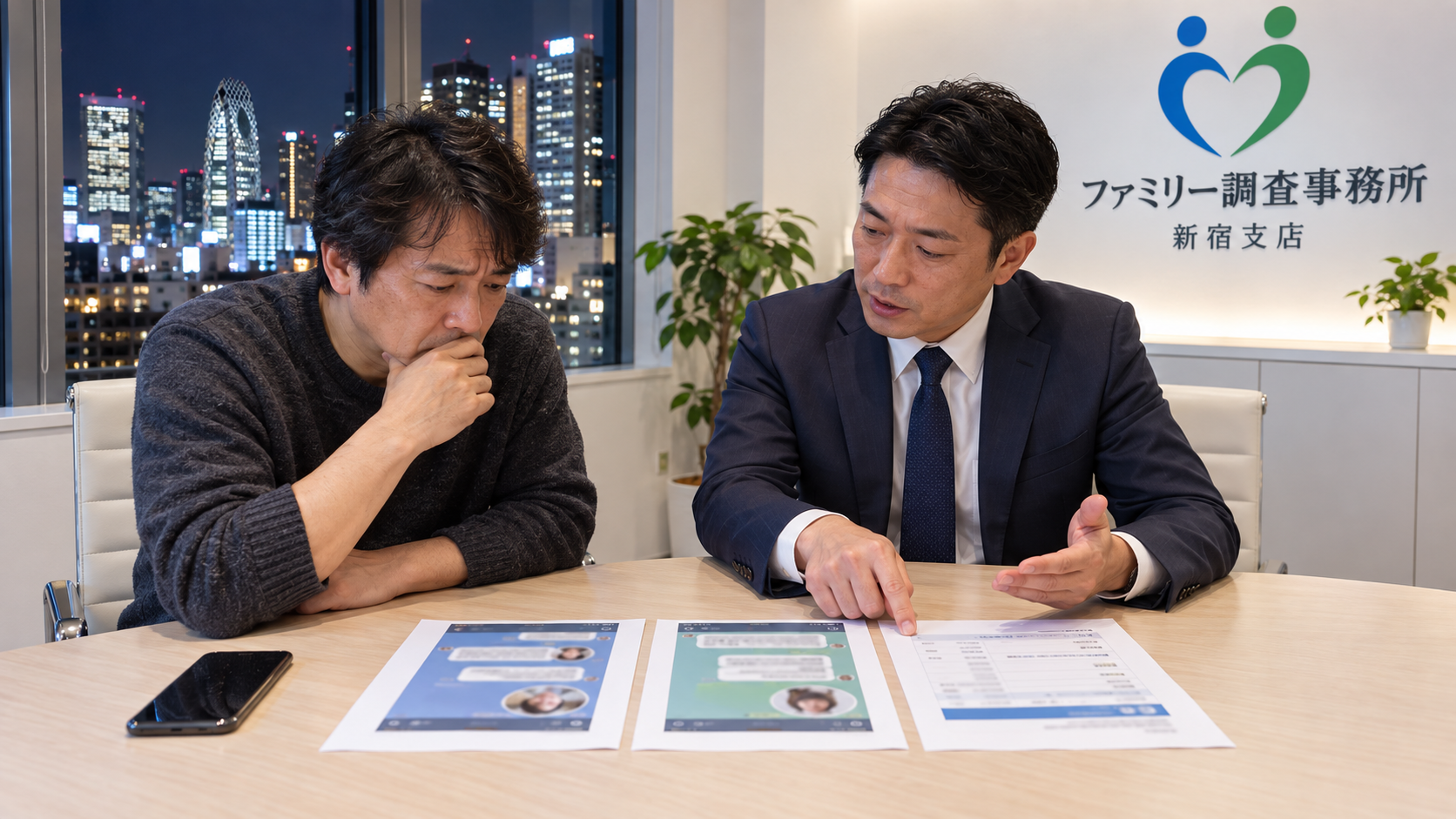 ロマンス詐欺を疑う恋人と娘を名乗る人物のメッセージと送金要求を新宿支店で確認する男性