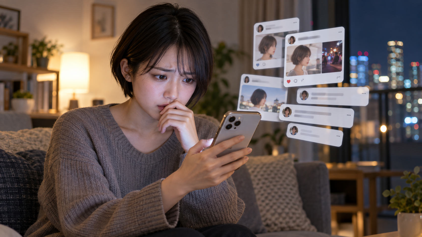 SNSの風評被害が気になり別人との混同や投稿内容の誤解を確認する女性
