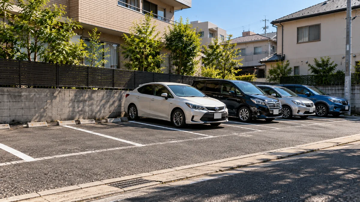 昼間の住宅街の月極駐車場に並ぶ車