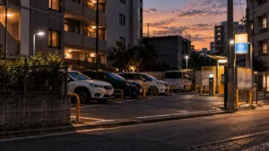 夕暮れのコインパーキングに停まる数台の車
