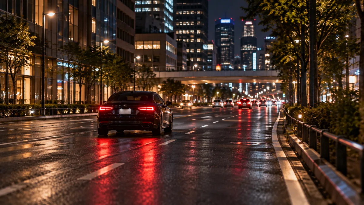 夜の都心の道路を走る車のテールランプ