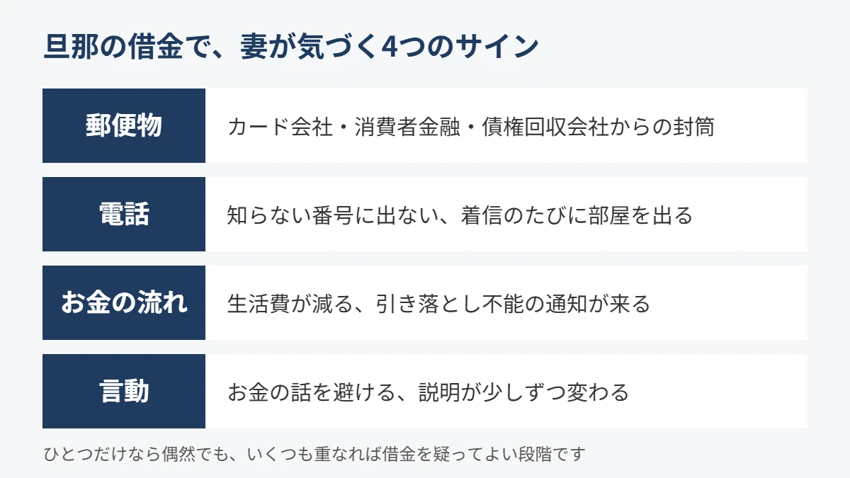 旦那の借金で妻が気づく4つのサイン。郵便物、電話、お金の流れ、言動