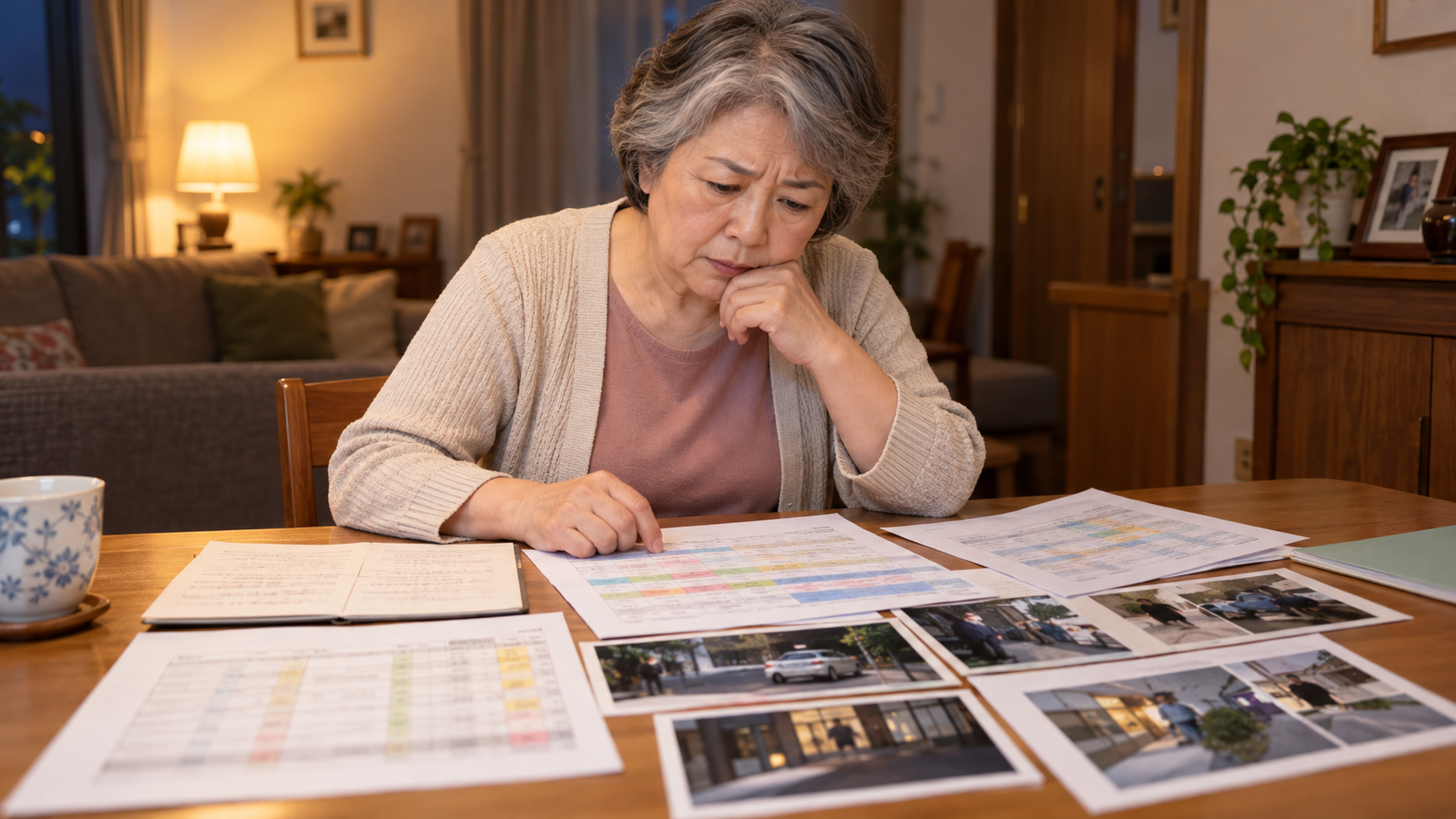 素行調査で外出理由の食い違いを確認するため本人の説明と行動記録を整理する女性