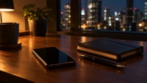 夜の机の上に置かれた画面の消えたスマートフォンと手帳