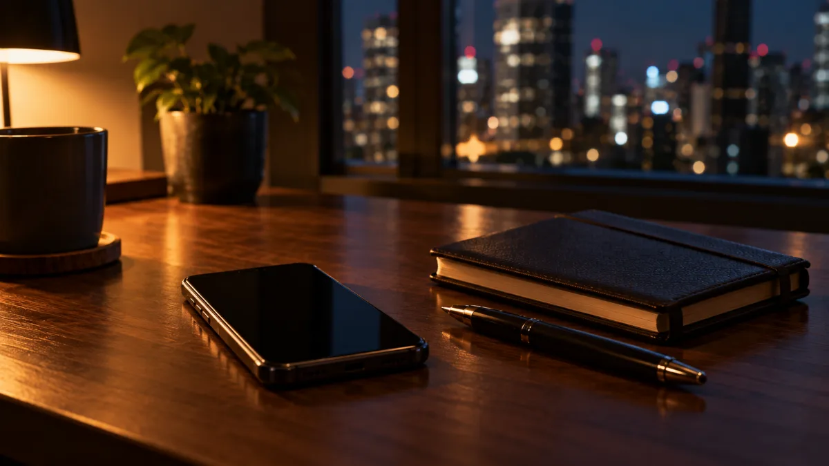 夜の机の上に置かれた画面の消えたスマートフォンと手帳