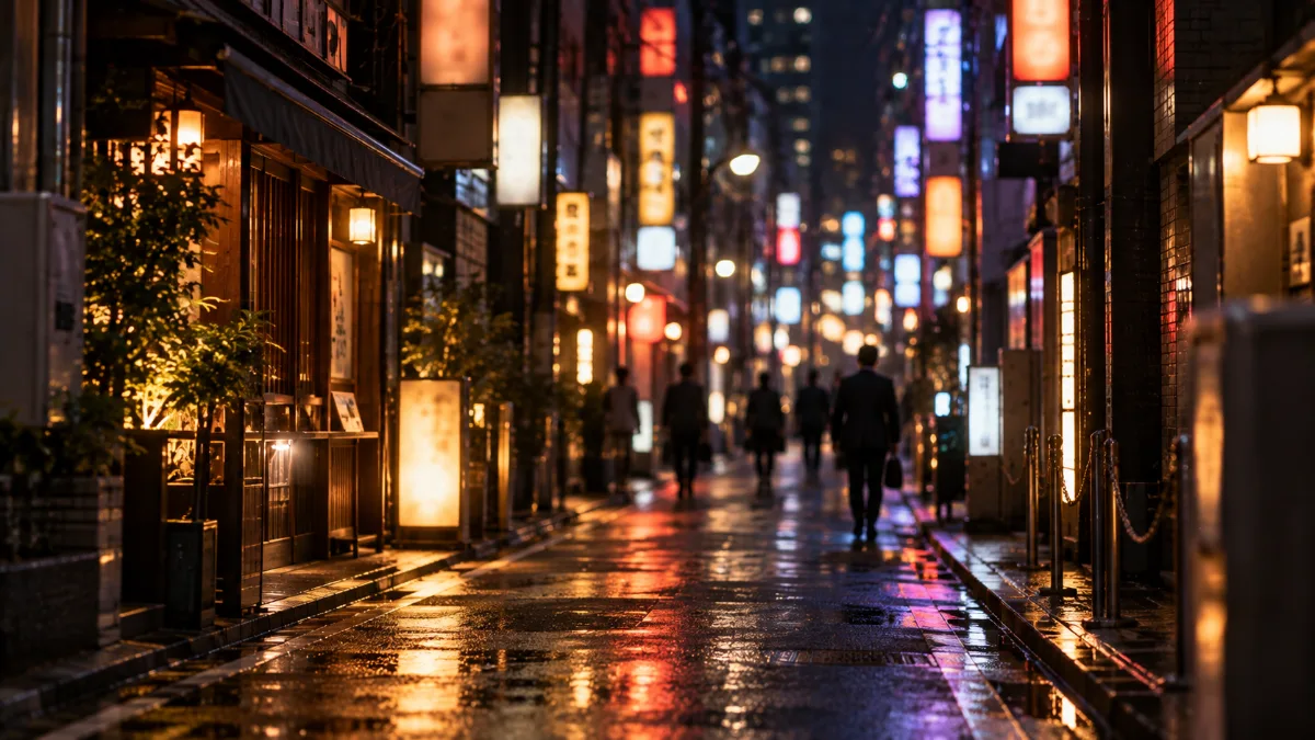 ネオンの光がにじむ夜の繁華街の路地の遠景