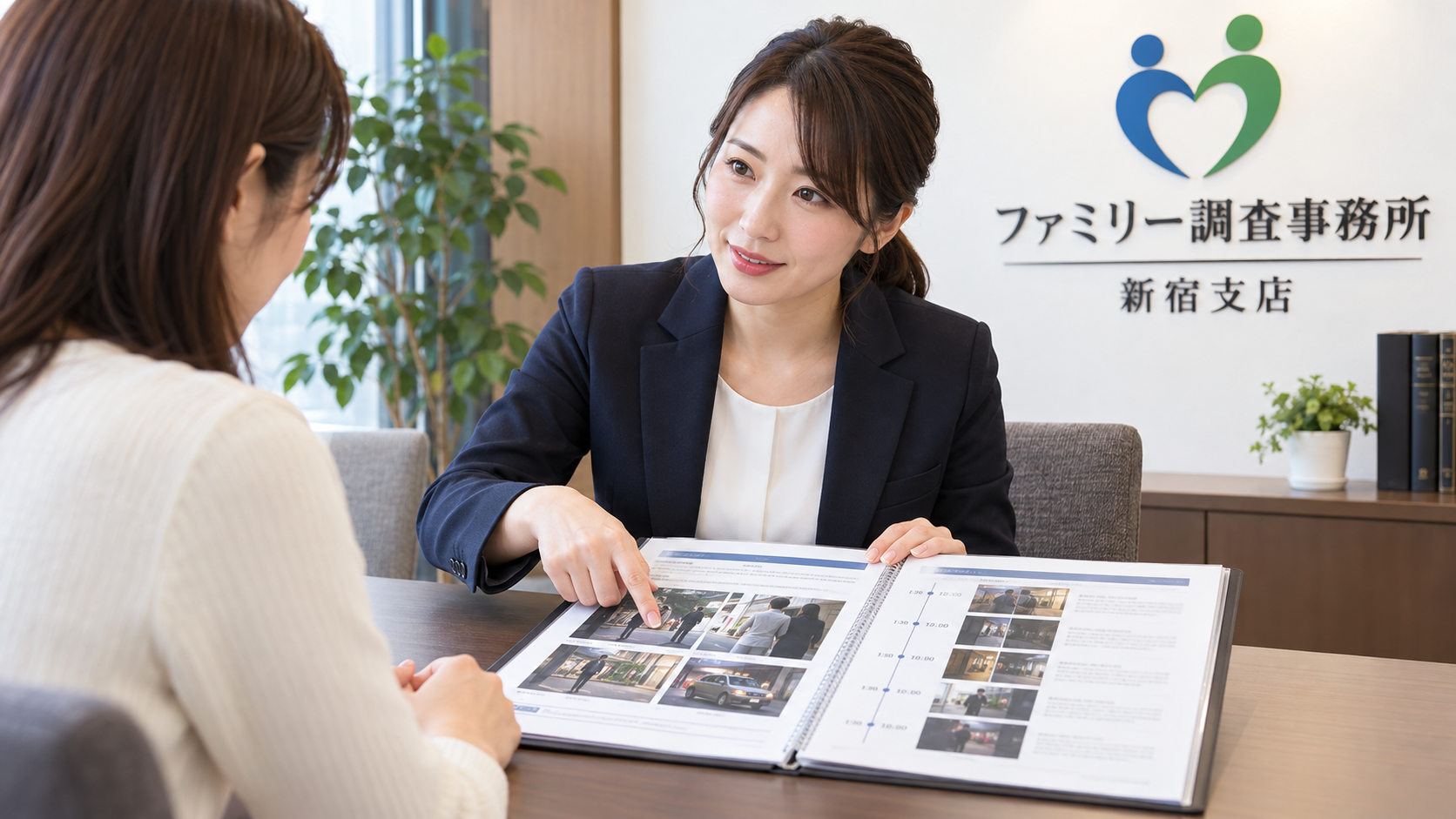 行動調査で分かることと分からないことを新宿支店の担当者が報告書を使って説明する場面