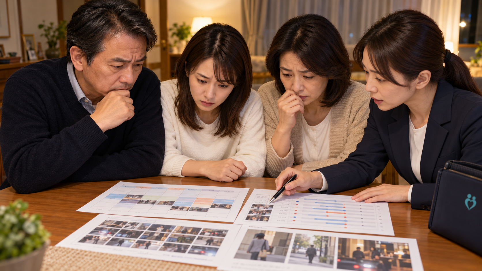 新宿支店の女性調査員が素行調査の曜日別行動記録と生活リズムの変化を説明する場面