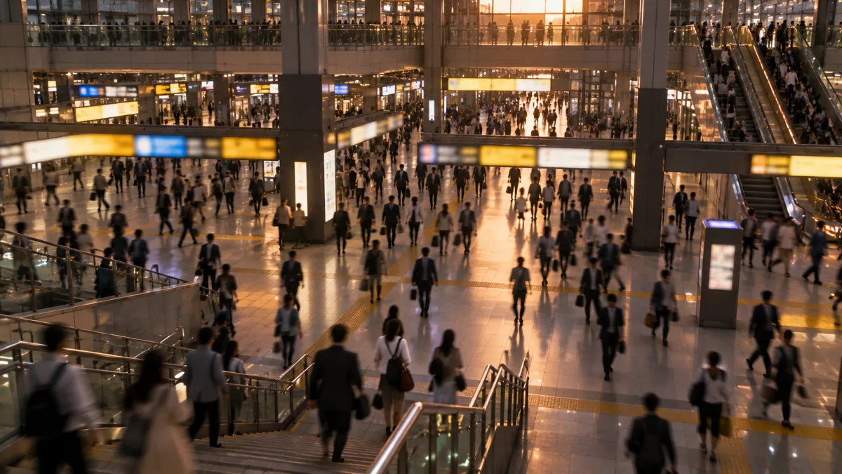 夕方の大きな駅の乗り換え通路を行き交う人々の遠景