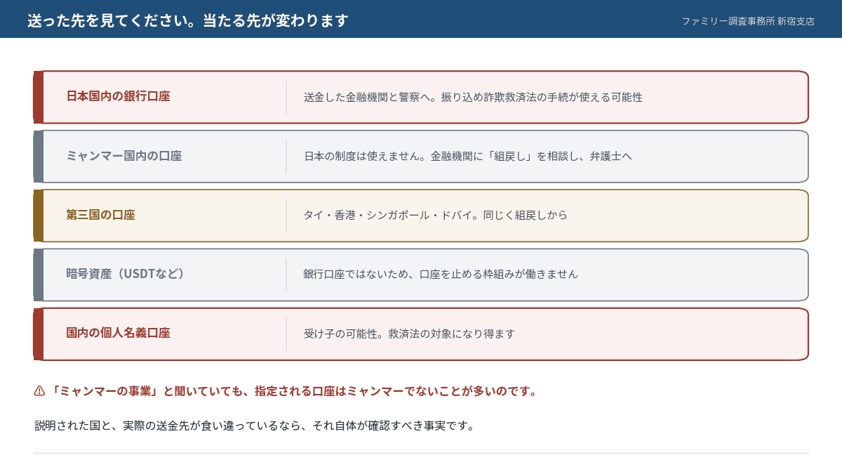 送金先が日本国内か海外か暗号資産かで、当たるべき先と使える制度が変わることをまとめた図