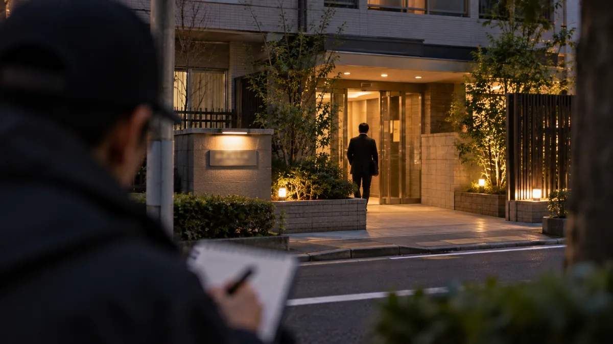 住宅街のマンションの入口を離れた位置から確かめる調査員の視点