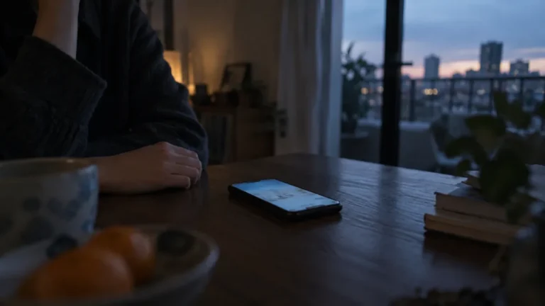 夕暮れの部屋のテーブルに置かれたスマートフォン