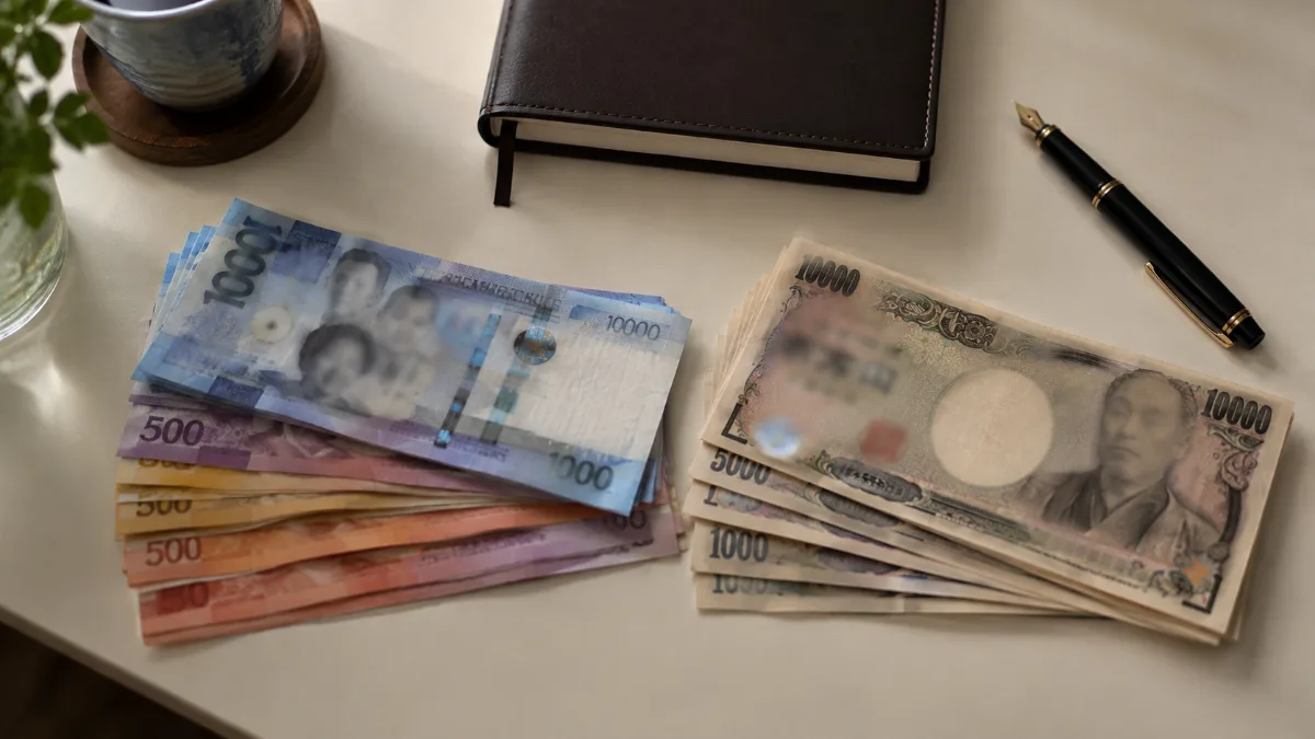 机の上に並べたフィリピンペソと日本円の紙幣