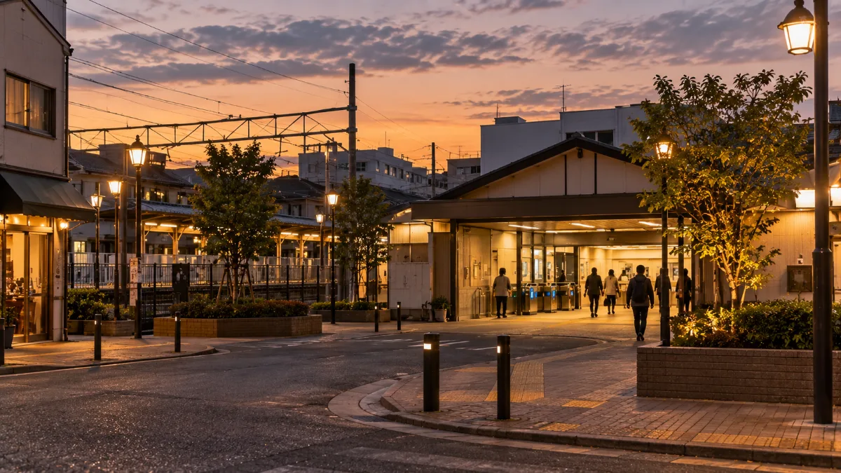 夕方の小さな駅の駅前。改札を出てくる人が数人だけの住宅街