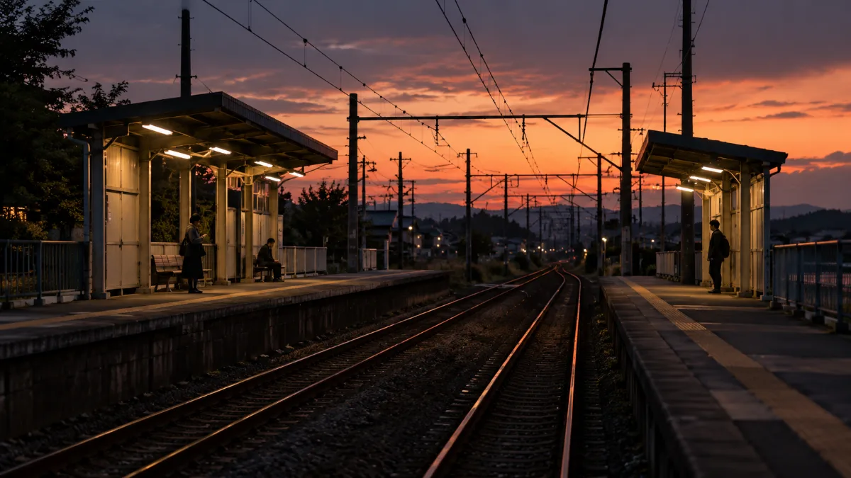 夕方の小さな駅のホーム。待っている人が数人だけ