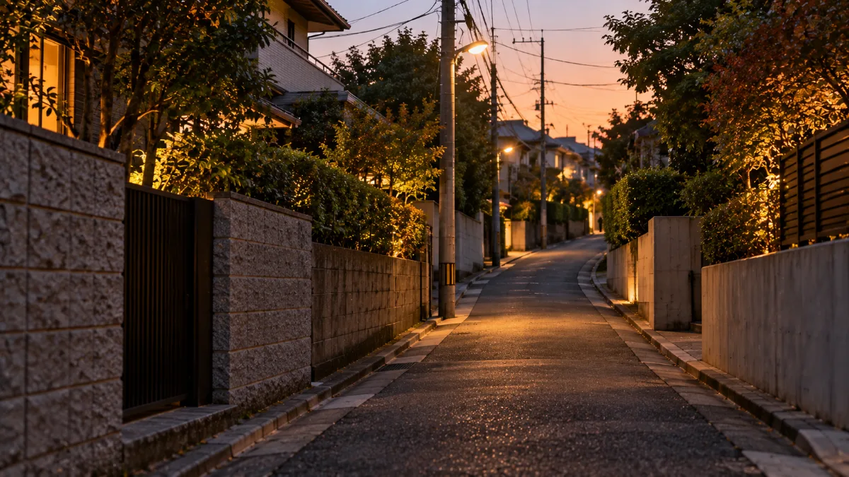 住宅街のゆるい上り坂の細い路地。先が見えない曲がり角