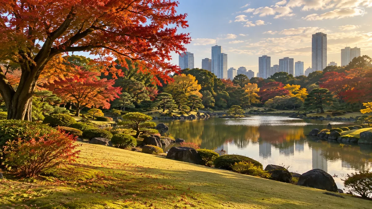 広い日本庭園の秋の風景、芝生と池と大きな木、遠くに高層ビルの影