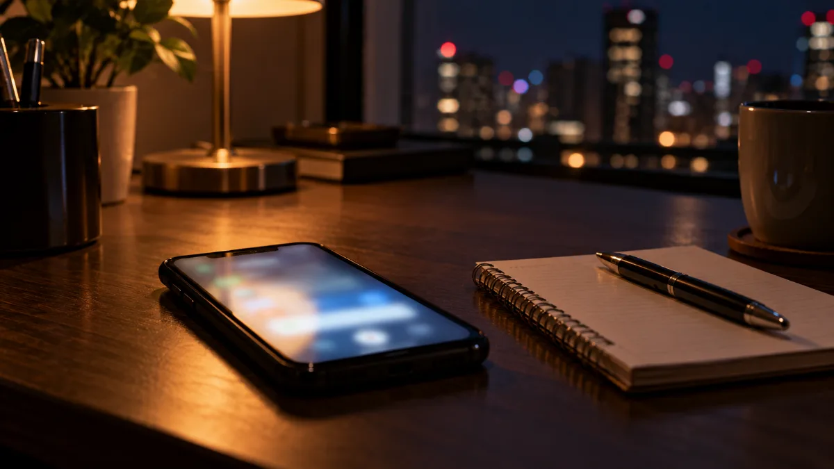 夜の机の上でぼんやり光るスマートフォンとノート