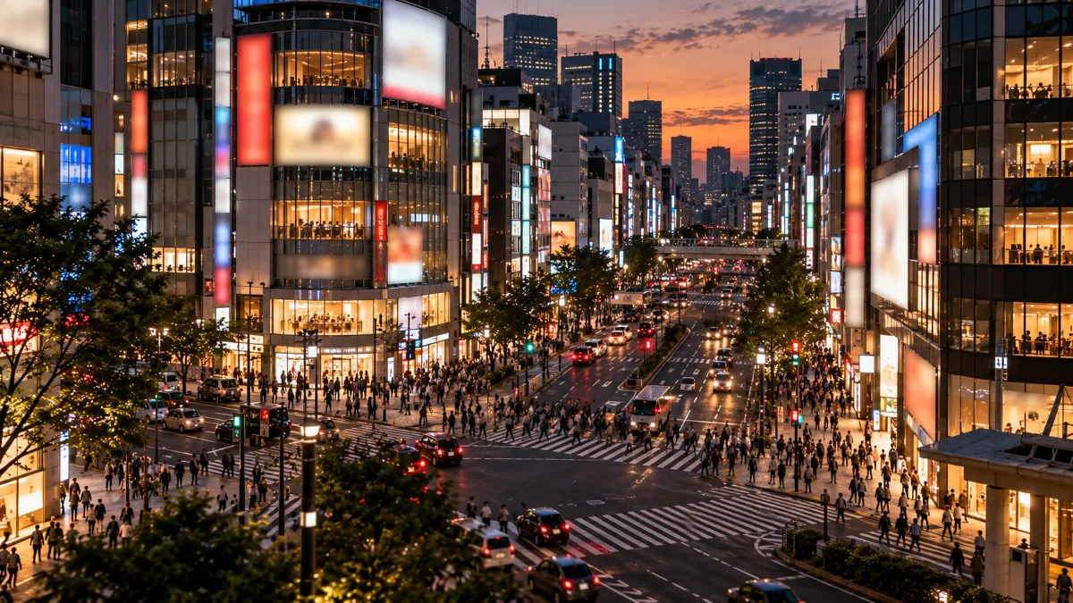 夕方の繁華街の交差点を高い位置から見下ろした遠景