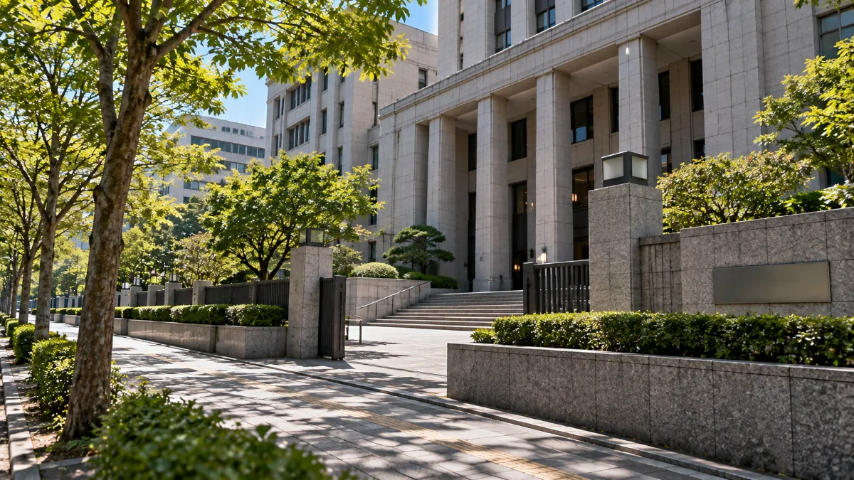 重厚な公的建物の前の並木道