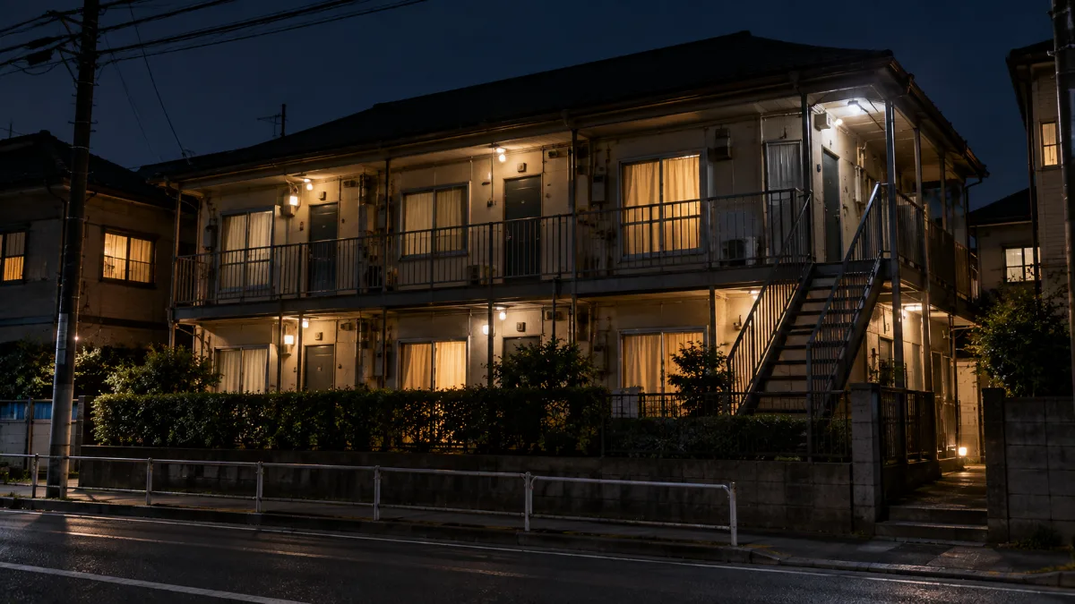 夜の住宅街で窓に明かりのともる2階建てのアパート