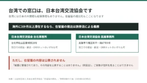 台湾には日本の大使館も総領事館もなく、日本台湾交流協会の台北事務所と高雄事務所が在留届の窓口になる