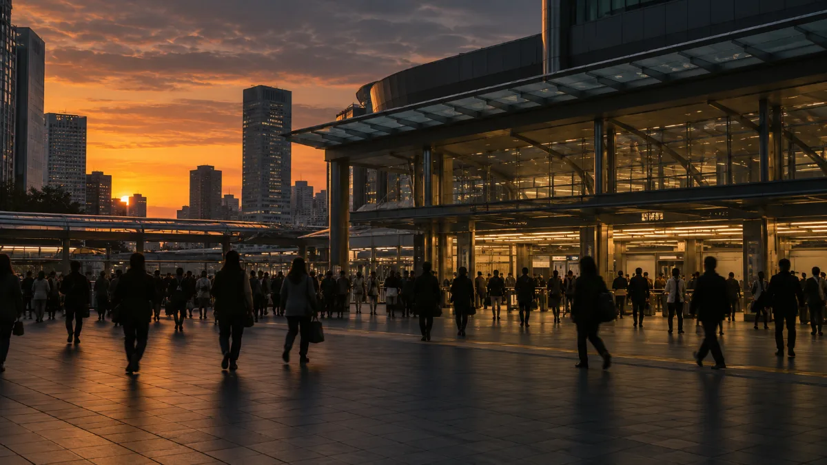 夕方の駅前、改札の外を行き交う人々の遠景