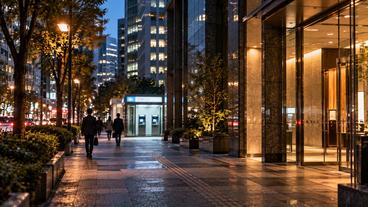 夕方のオフィス街の先に見えるATMコーナーの明かり