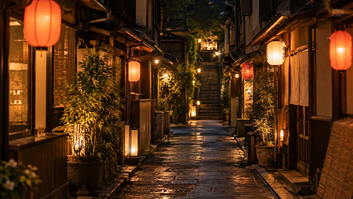 夜の細い路地、両側に小さな飲食店の灯りが並び奥に階段が見える