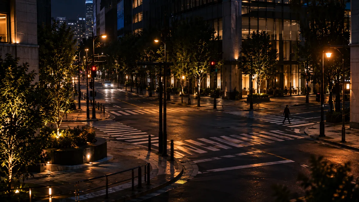 夜の交差点を少し離れた位置から見た風景、通る人は少ない