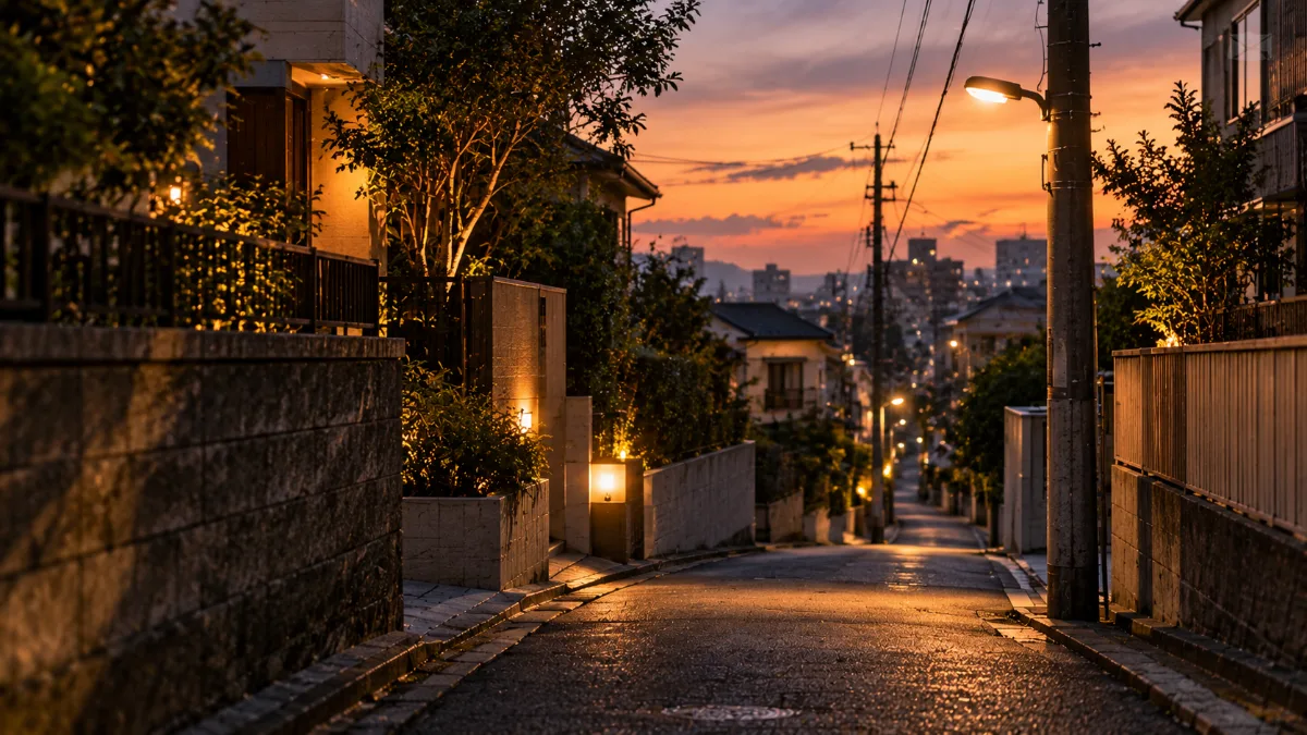 夕方の静かな街角、坂道と低い塀、電柱と街灯
