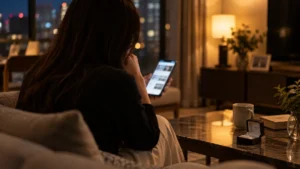 夜、スマートフォンでニュース記事を見ながら考え込む女性の後ろ姿
