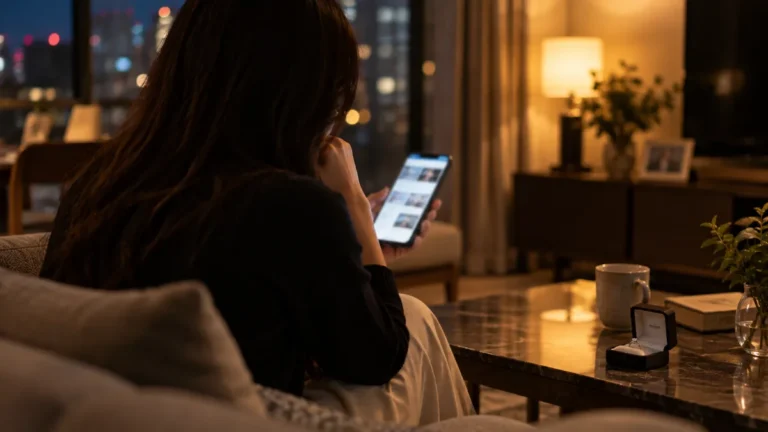 夜、スマートフォンでニュース記事を見ながら考え込む女性の後ろ姿